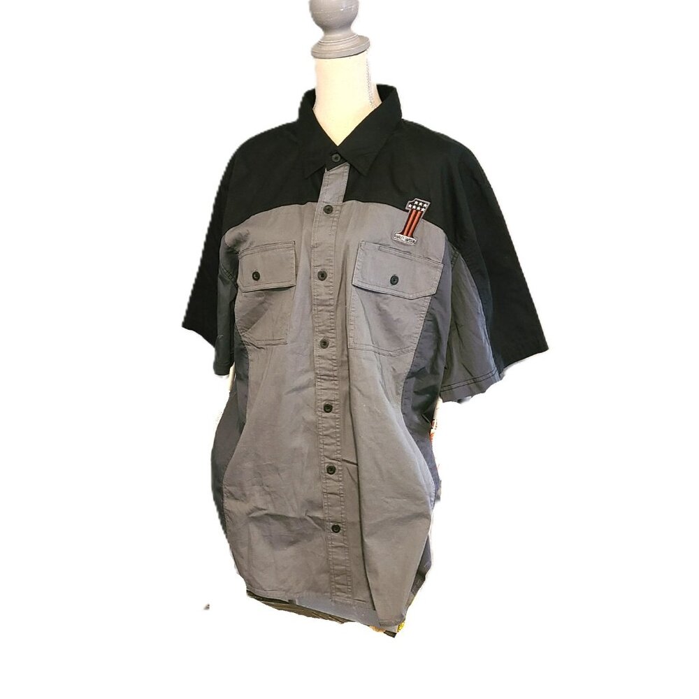 Men's Harley Davidson 2XL Black Gray Button Down Bowling Shirt Motorcycle Short